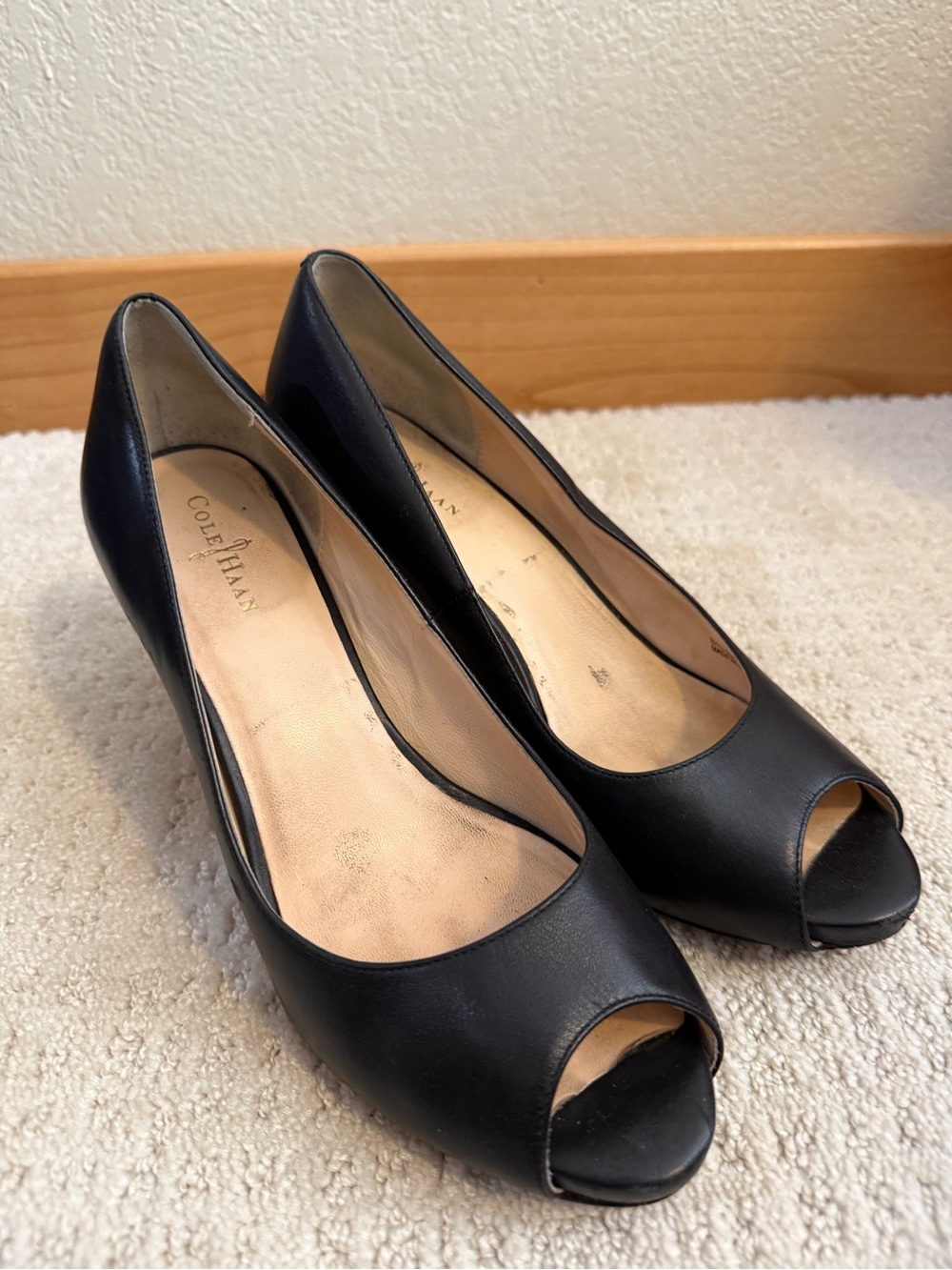 Cole Haan Black Leather Peep-Toe Pumps